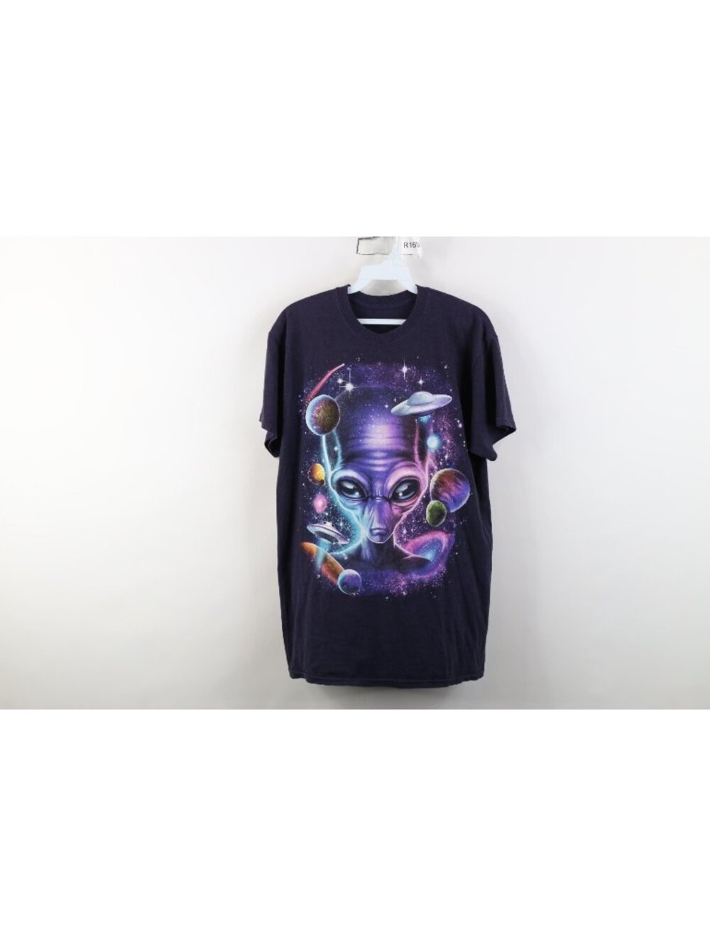 Vintage Y2K Streetwear Mens Small Alien Head Space UFO Planets T-Shirt Purple
